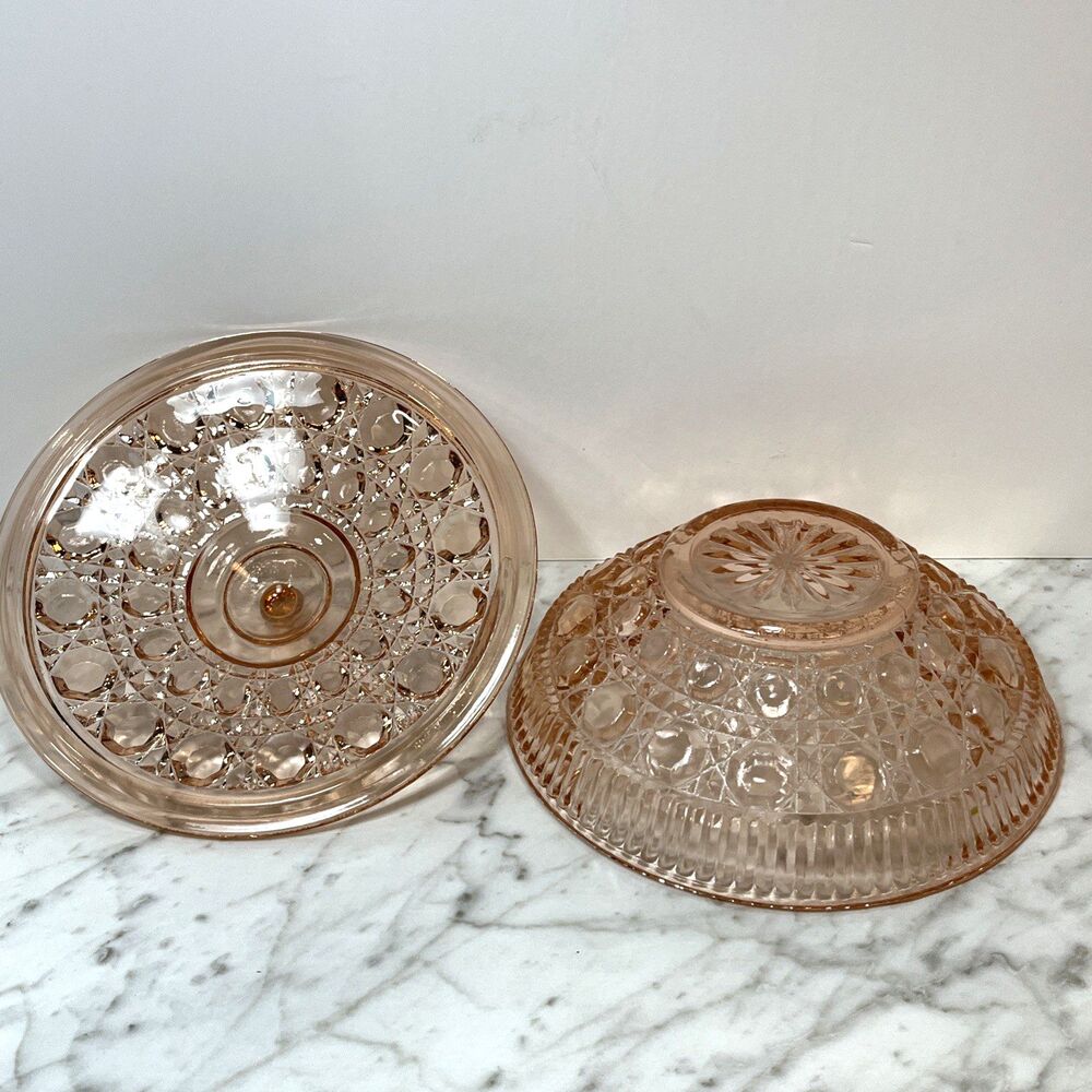 Indiana Glass Windsor Pink Peach Ballad Cane & Button Design Candy Dish & Lid - Picture 6 of 15